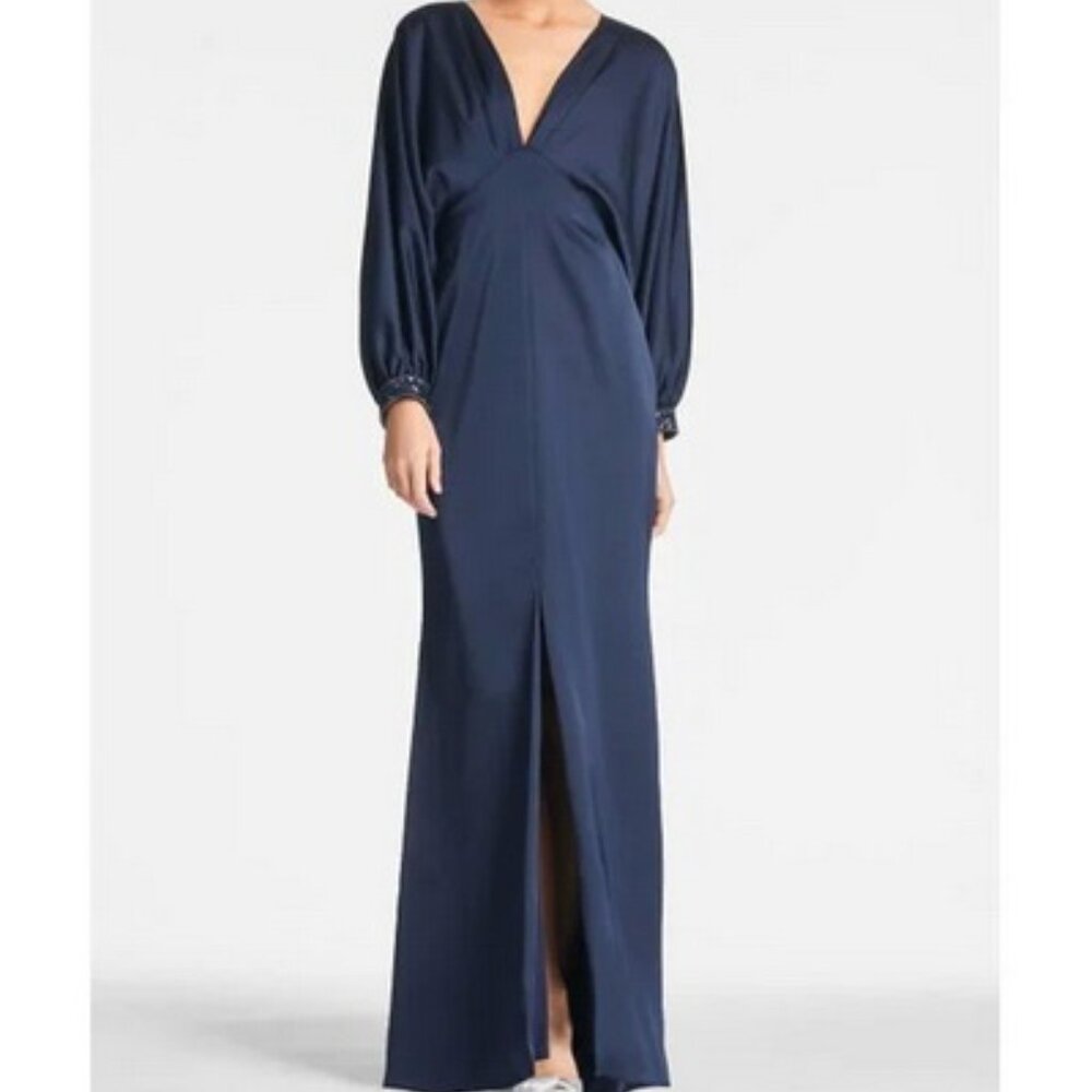 Sachin And Babi Midnight Blue Maia Crystal Sequin Beaded Cuff Gown